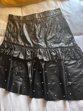 Black Faux Leather Ruffle Skirt with Pearl Embellishments